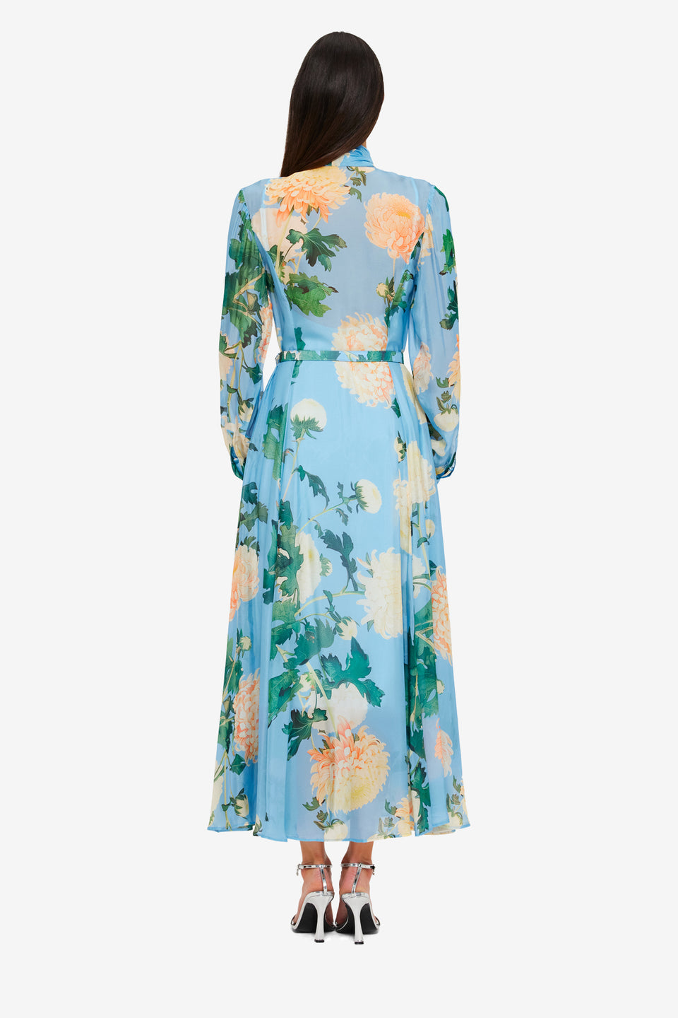 Exclusive LEO LIN Liliane Tie Neck Midi Dress - Hydrangea Print in Cornflower Blue