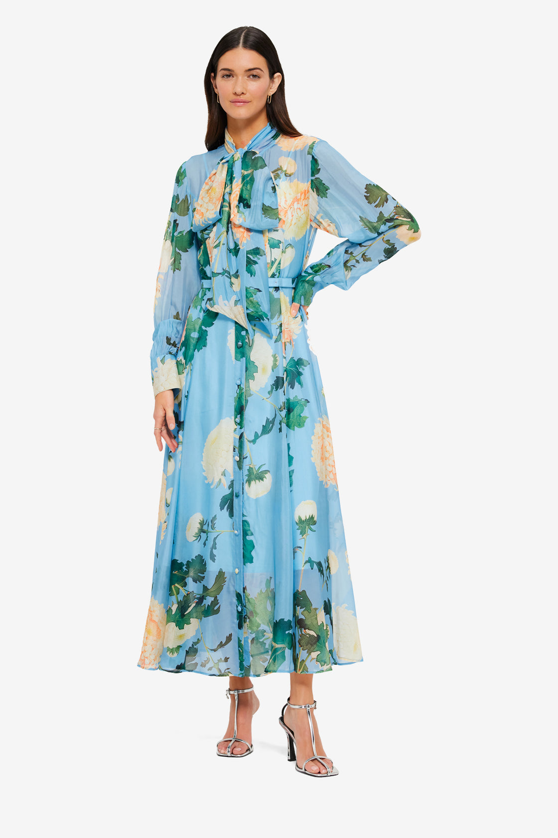 Exclusive LEO LIN Liliane Tie Neck Midi Dress - Hydrangea Print in Cornflower Blue