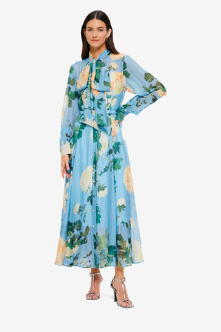 Exclusive LEO LIN Liliane Tie Neck Midi Dress - Hydrangea Print in Cornflower Blue