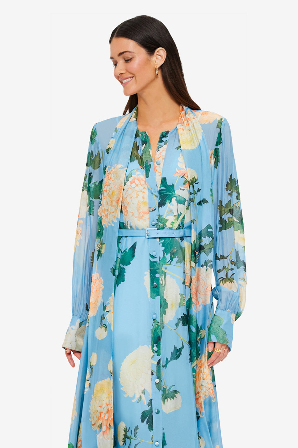 Exclusive LEO LIN Liliane Tie Neck Midi Dress - Hydrangea Print in Cornflower Blue