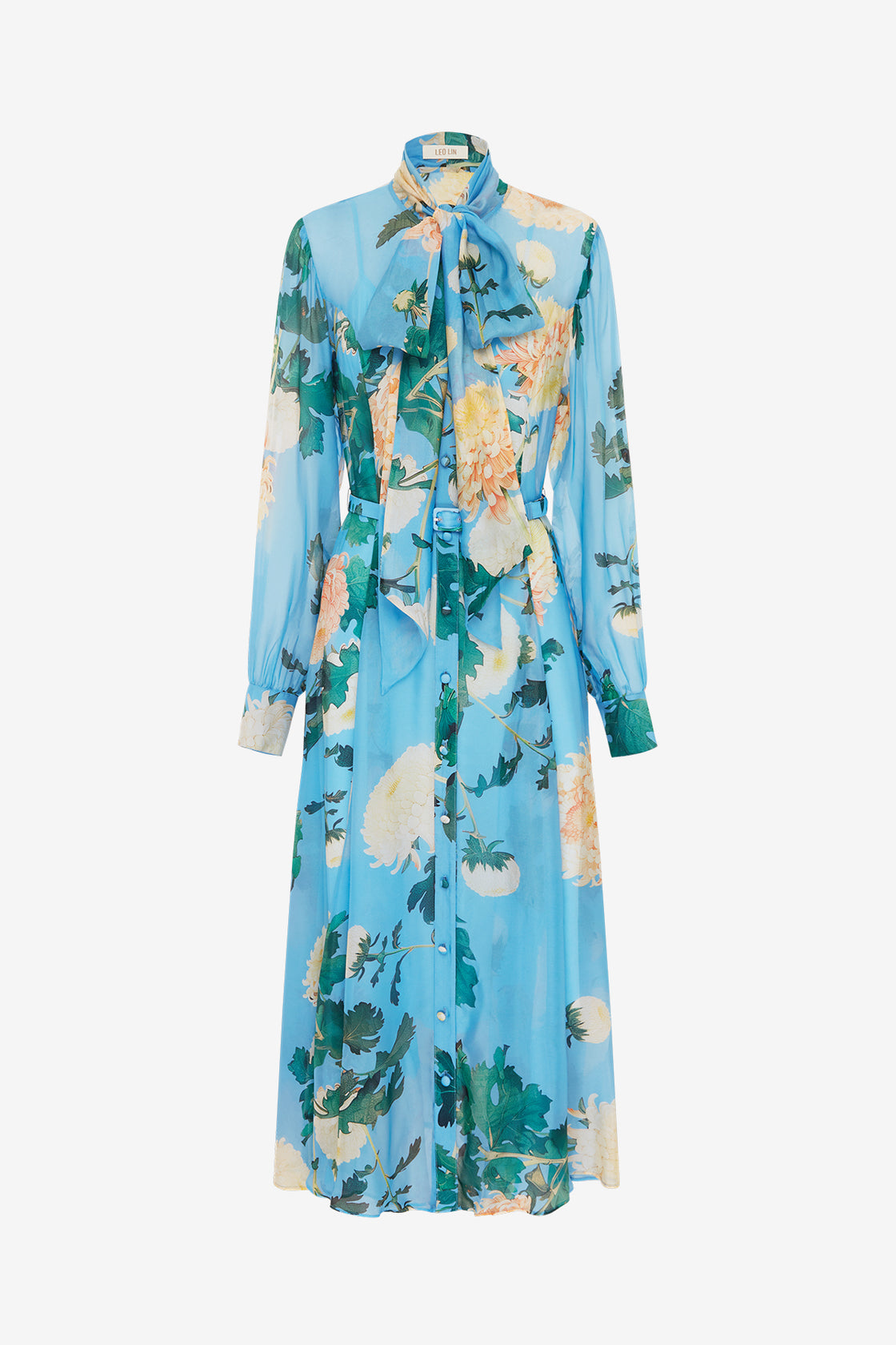 Exclusive LEO LIN Liliane Tie Neck Midi Dress - Hydrangea Print in Cornflower Blue