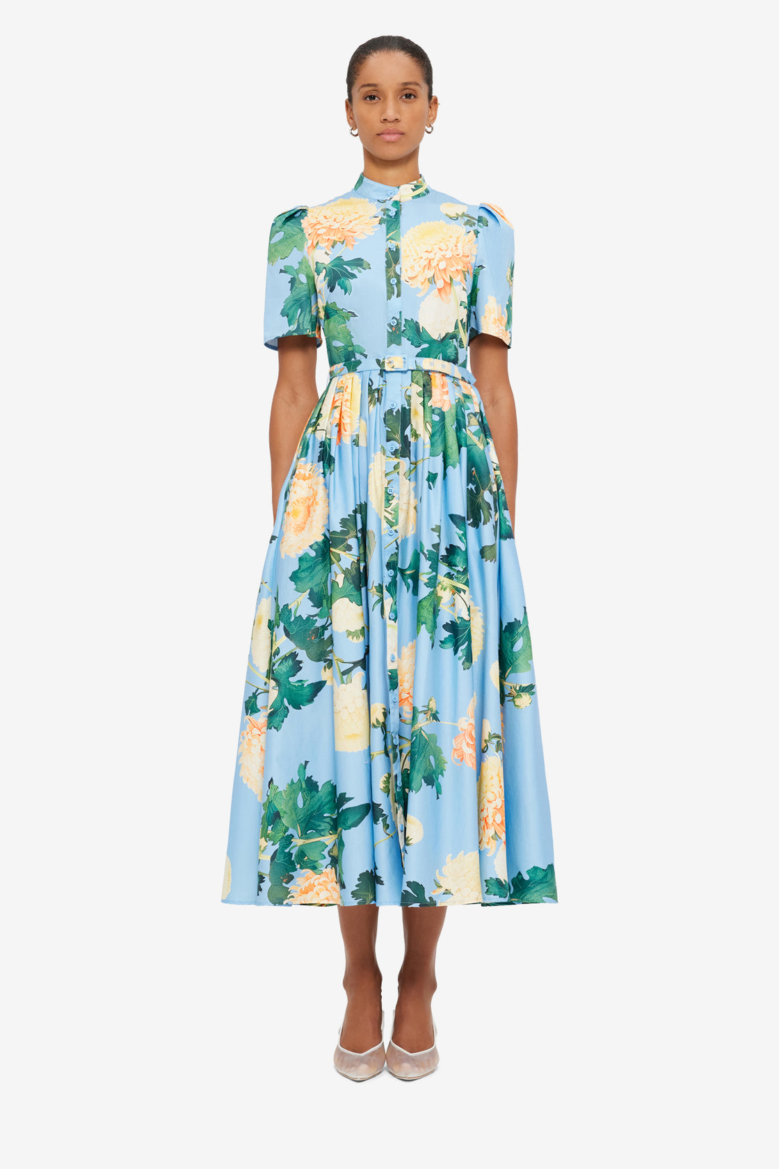 Exclusive LEO LIN Bianca Short Sleeve Midi Dress - Hydrangea Print in Cornflower Blue