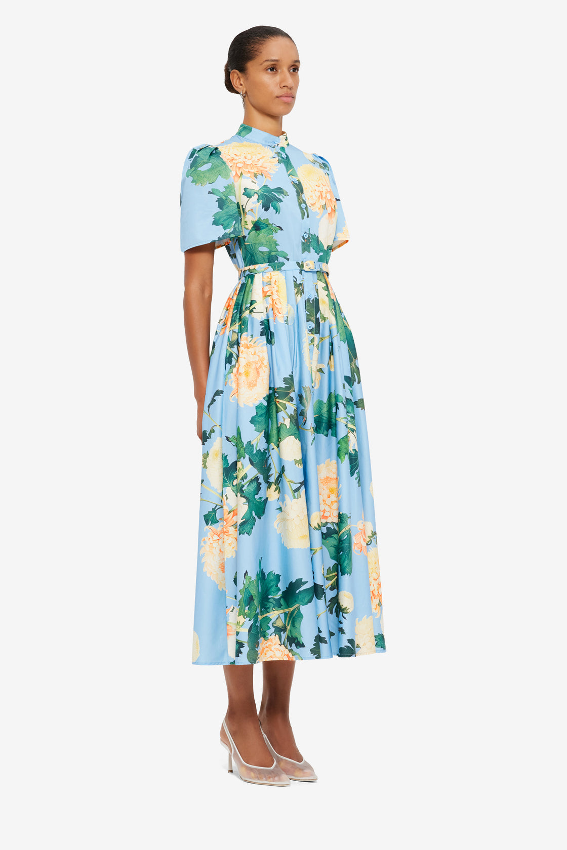 Exclusive LEO LIN Bianca Short Sleeve Midi Dress - Hydrangea Print in Cornflower Blue