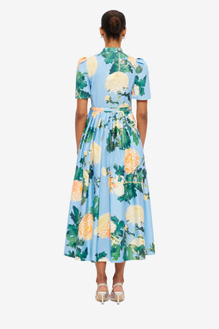 Exclusive LEO LIN Bianca Short Sleeve Midi Dress - Hydrangea Print in Cornflower Blue