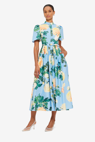 Exclusive LEO LIN Bianca Short Sleeve Midi Dress - Hydrangea Print in Cornflower Blue