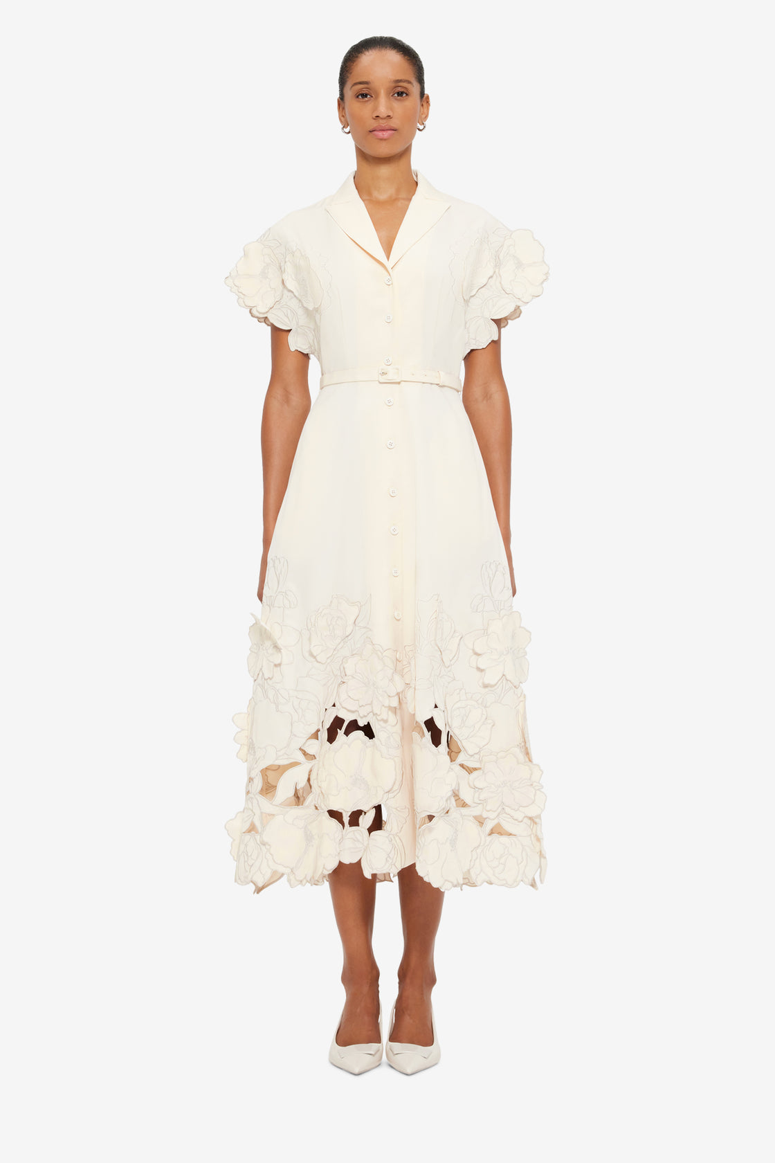 Exclusive LEO LIN Aubrey Appliqué Shirt Midi Dress - Cream