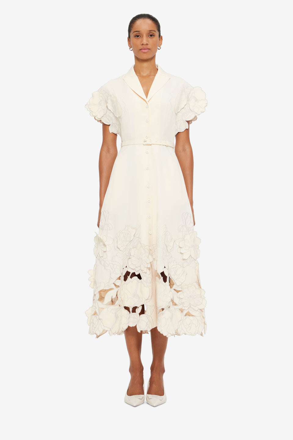 Exclusive LEO LIN Aubrey Appliqué Shirt Midi Dress - Cream