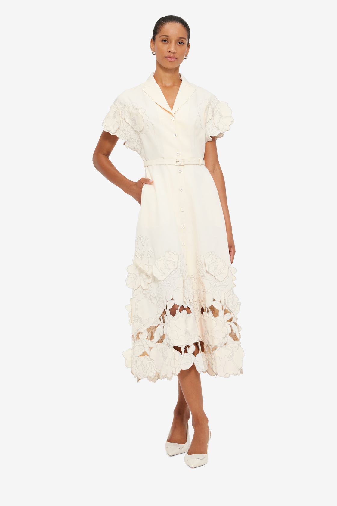 Exclusive LEO LIN Aubrey Appliqué Shirt Midi Dress - Cream