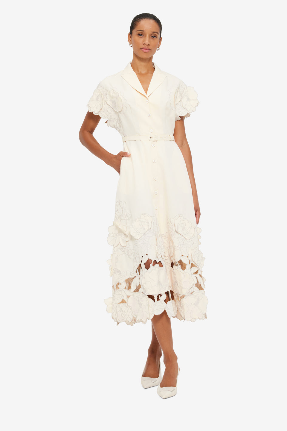 Exclusive LEO LIN Aubrey Appliqué Shirt Midi Dress - Cream