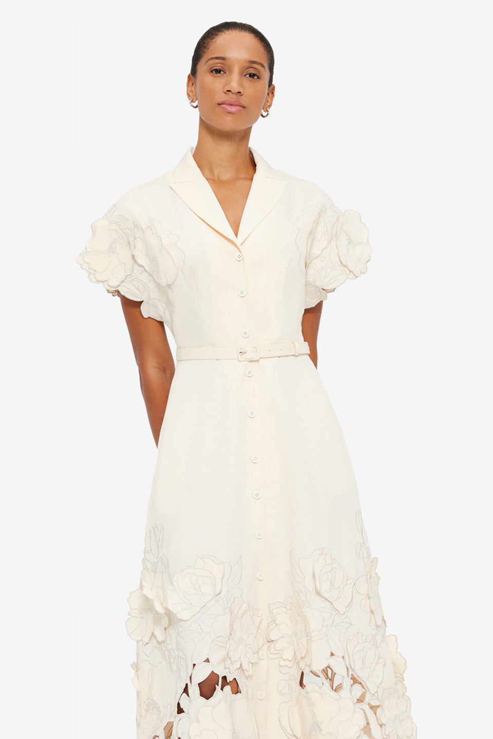 Exclusive LEO LIN Aubrey Appliqué Shirt Midi Dress - Cream