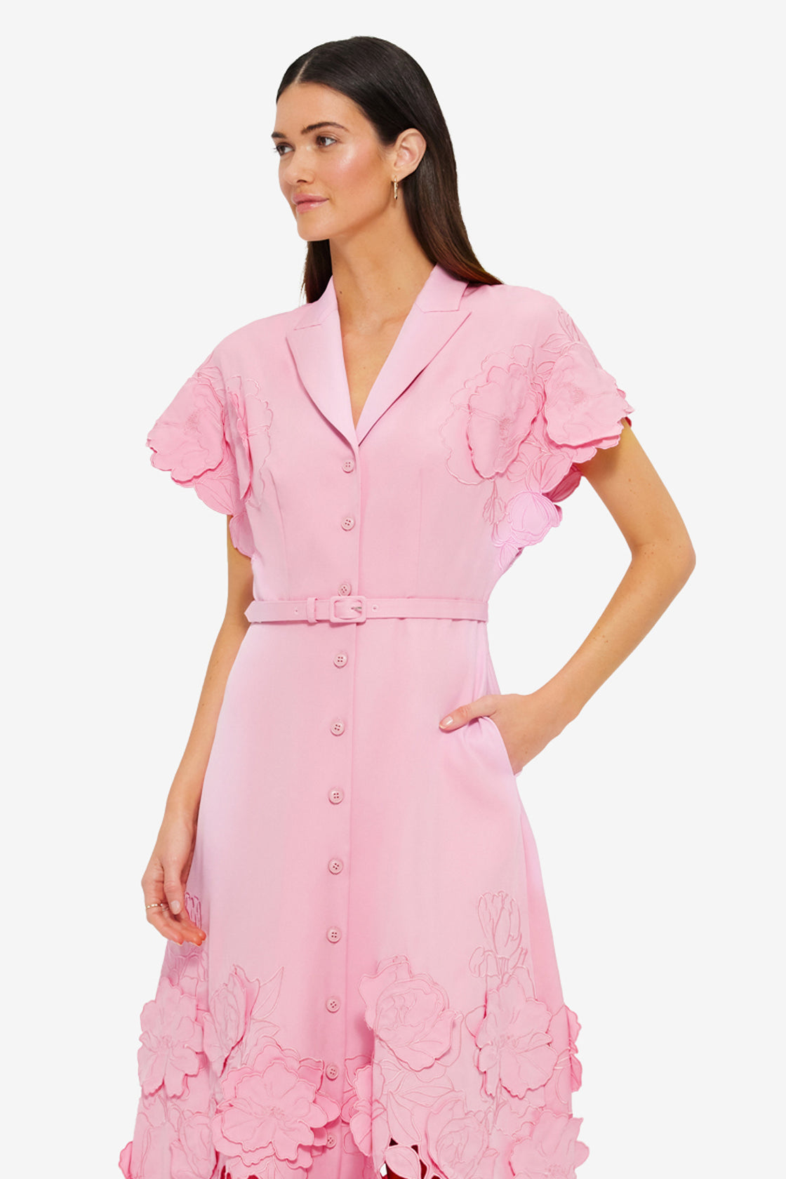 Exclusive LEO LIN Aubrey Appliqué Shirt Midi Dress - Flamingo