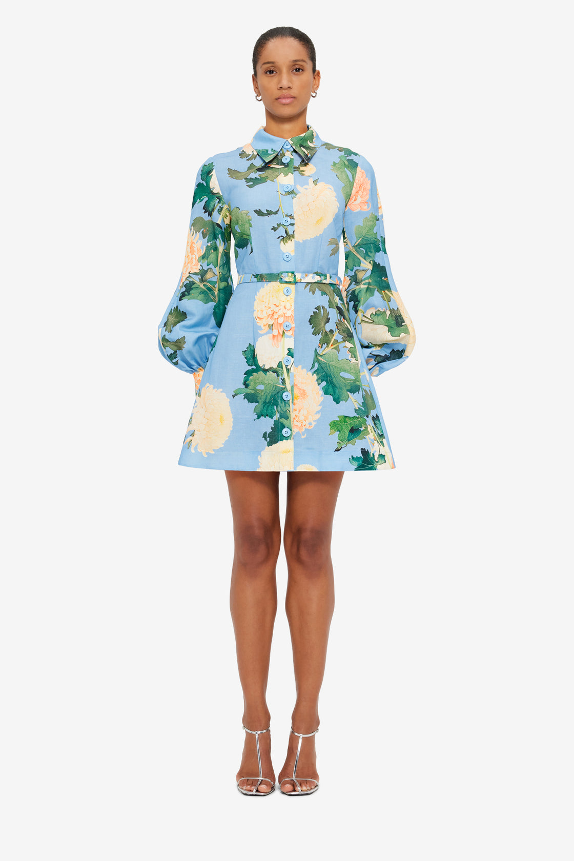 Exclusive LEO LIN Luminous Linen Mini Dress - Hydrangea Print in Cornflower Blue