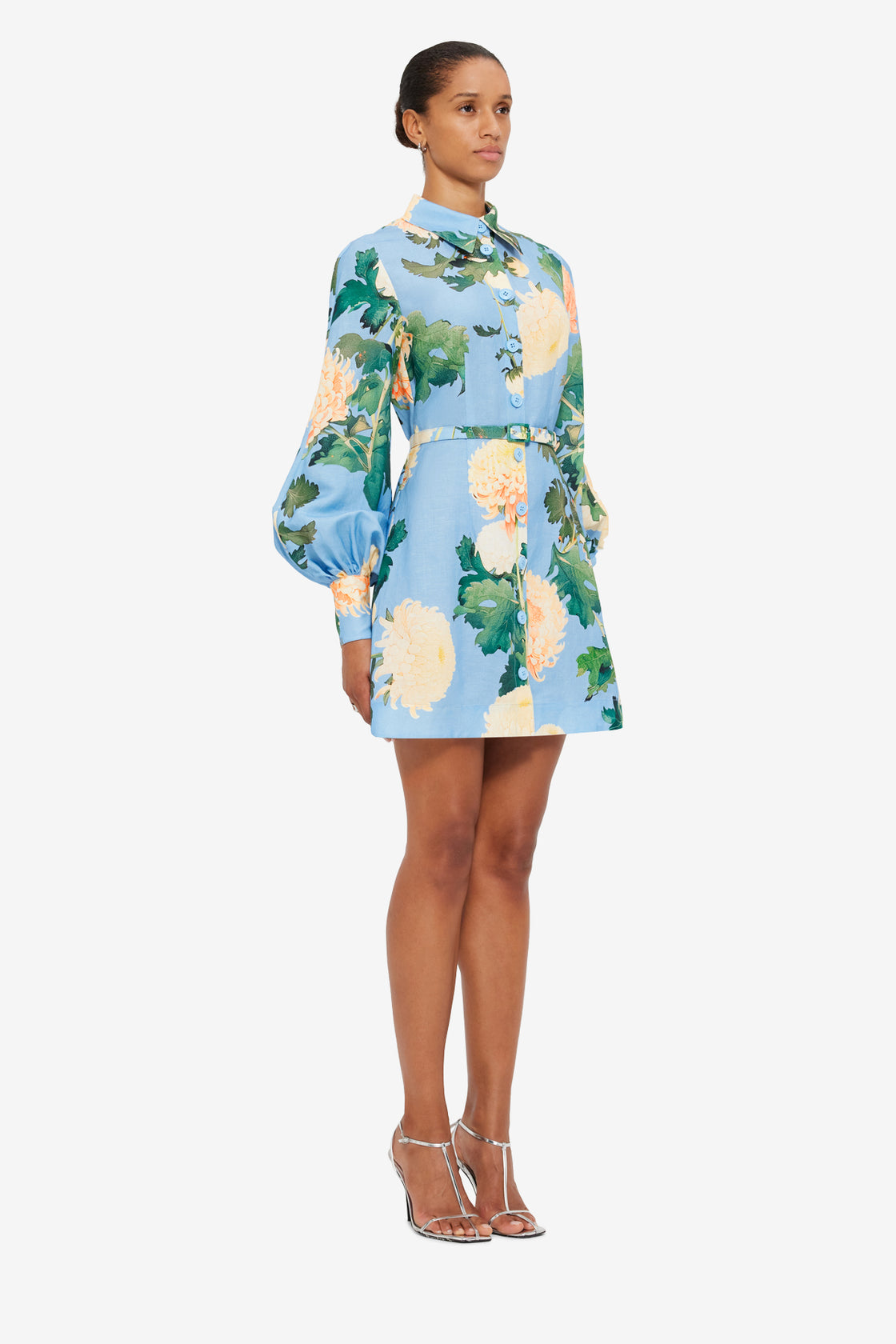 Exclusive LEO LIN Luminous Linen Mini Dress - Hydrangea Print in Cornflower Blue