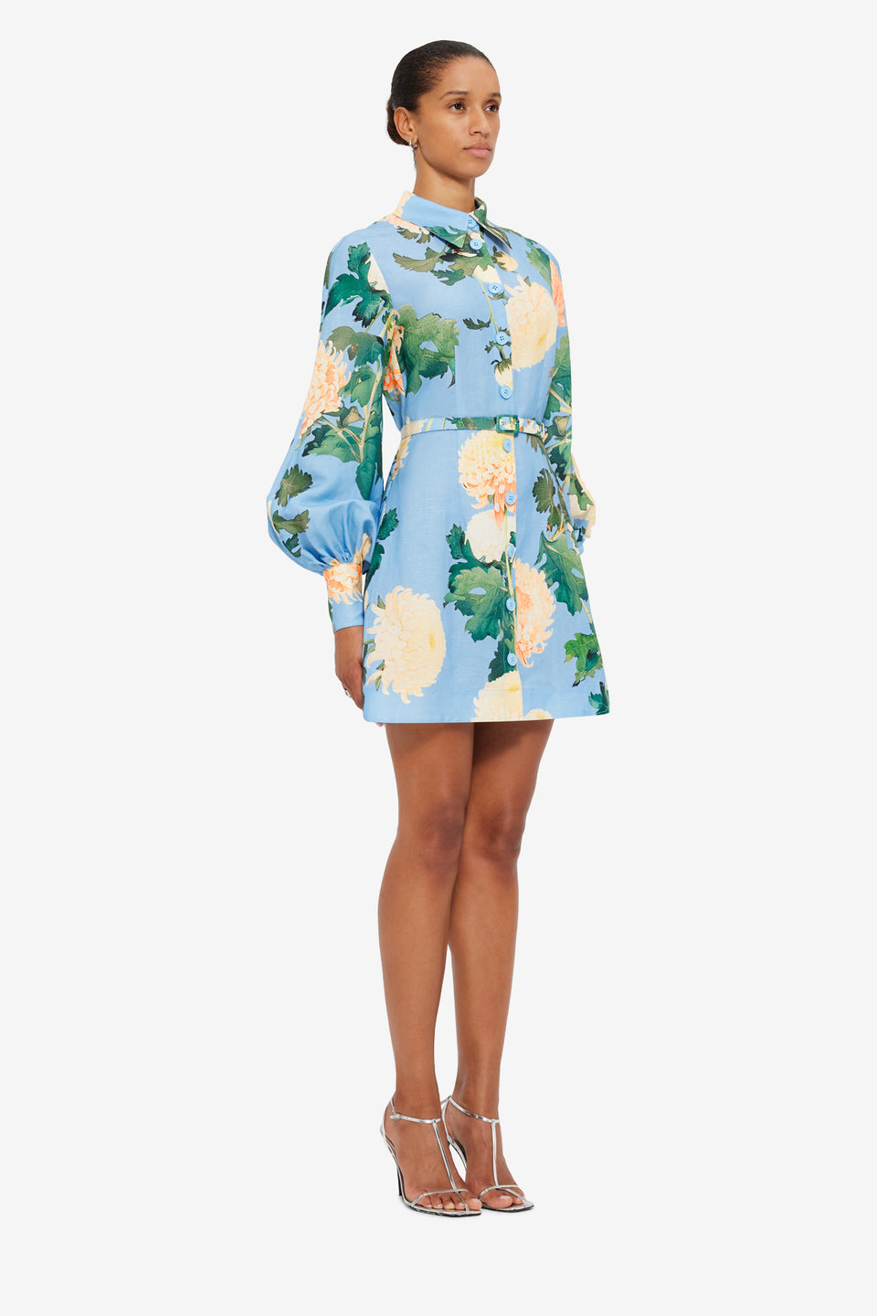 Exclusive LEO LIN Luminous Linen Mini Dress - Hydrangea Print in Cornflower Blue