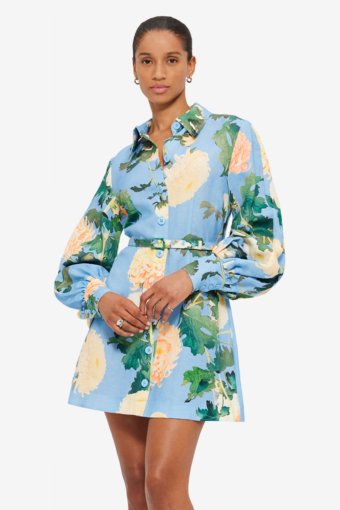 Exclusive LEO LIN Luminous Linen Mini Dress - Hydrangea Print in Cornflower Blue