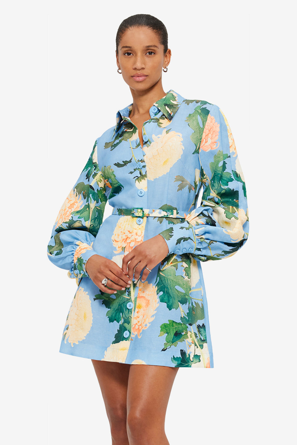 Exclusive LEO LIN Luminous Linen Mini Dress - Hydrangea Print in Cornflower Blue
