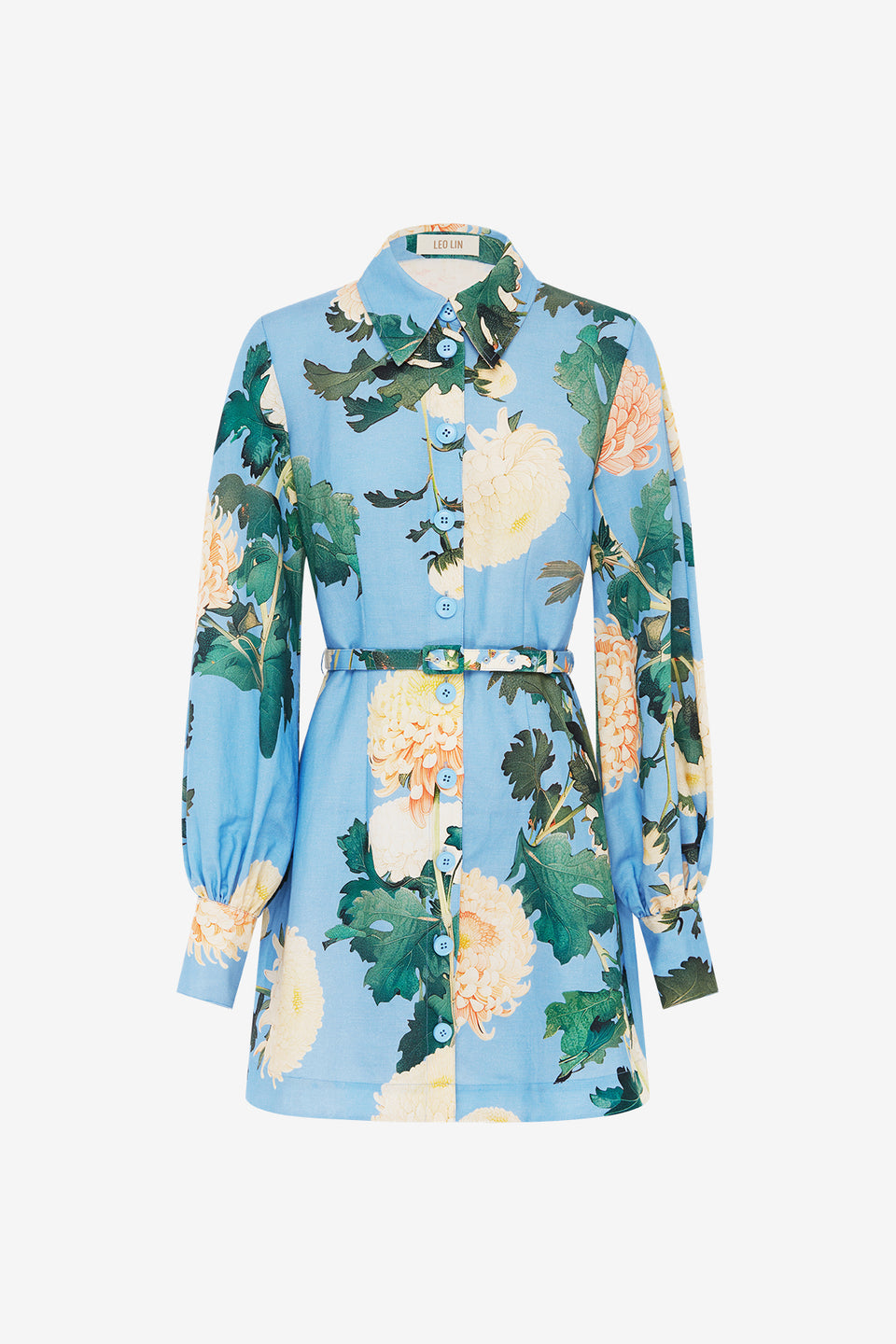 Exclusive LEO LIN Luminous Linen Mini Dress - Hydrangea Print in Cornflower Blue