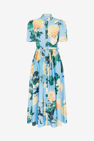 Exclusive LEO LIN Bianca Short Sleeve Midi Dress - Hydrangea Print in Cornflower Blue