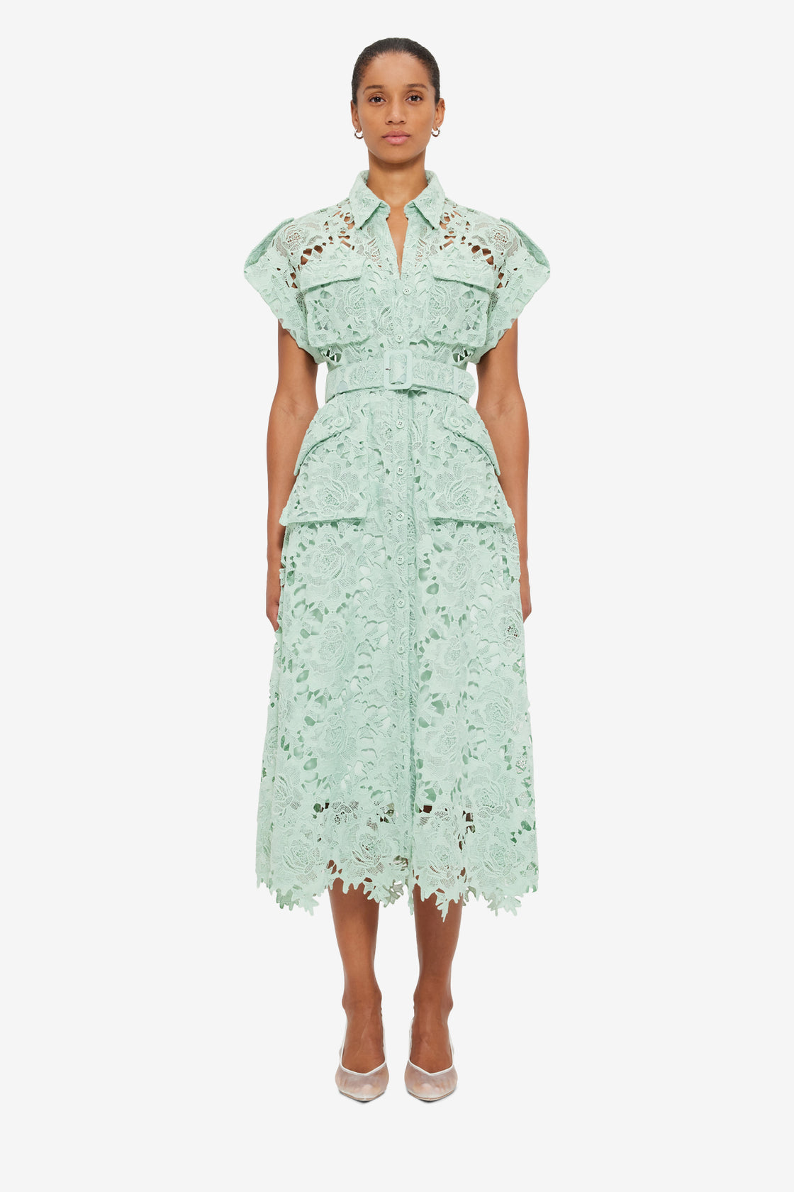 Exclusive LEO LIN Audrey Lace Pocket Shirt Midi Dress - Pistachio