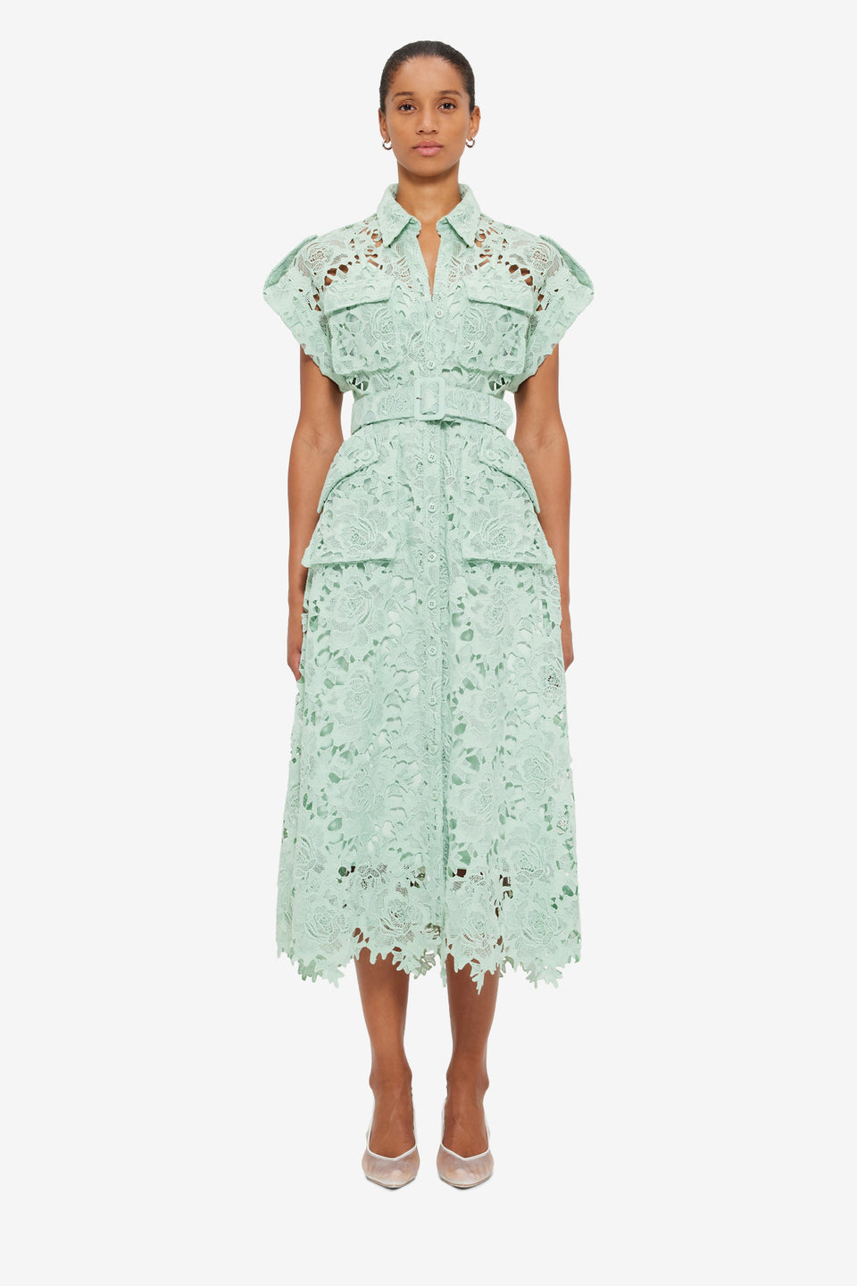Exclusive LEO LIN Audrey Lace Pocket Shirt Midi Dress - Pistachio