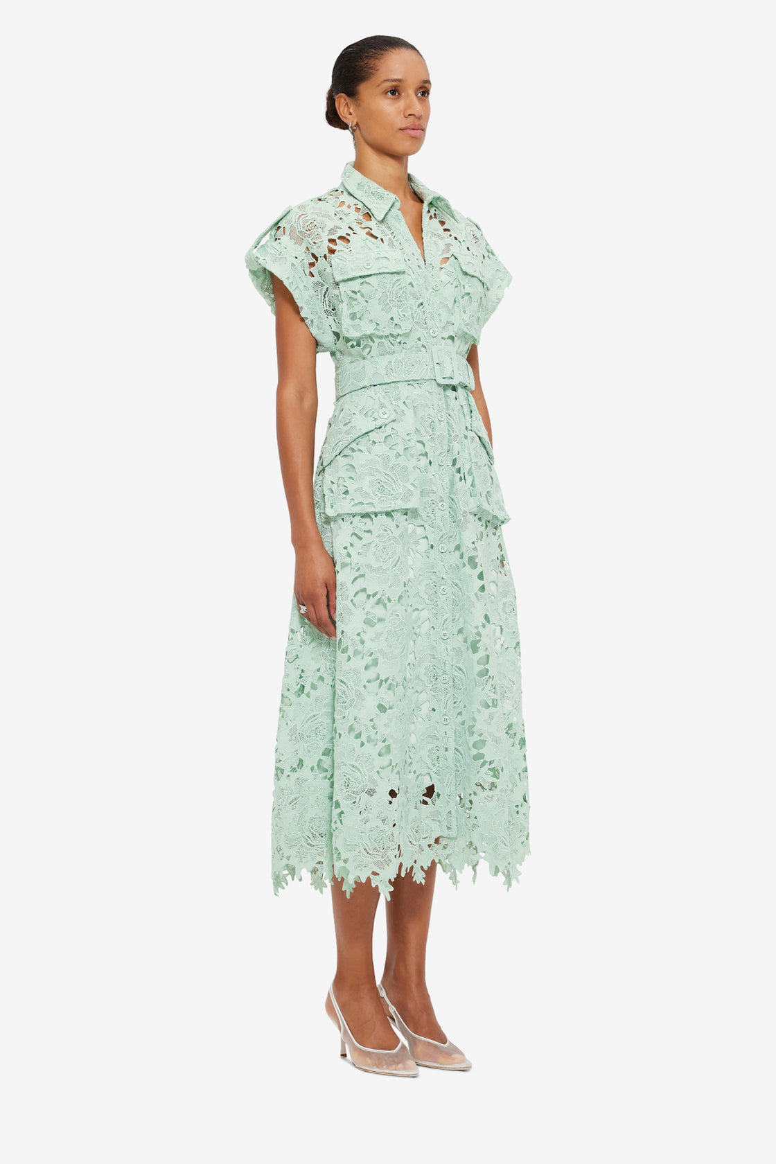 Exclusive LEO LIN Audrey Lace Pocket Shirt Midi Dress - Pistachio
