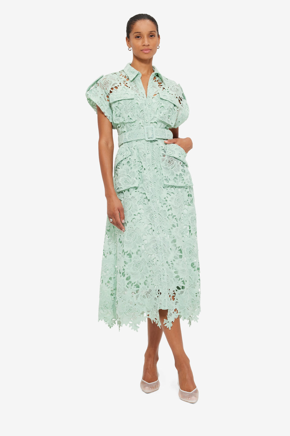 Exclusive LEO LIN Audrey Lace Pocket Shirt Midi Dress - Pistachio
