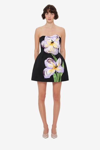 Rosario Appliqué Floral Bustier Mini Dress - Iris Print in Ebony