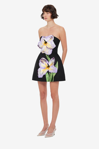 Rosario Appliqué Floral Bustier Mini Dress - Iris Print in Ebony