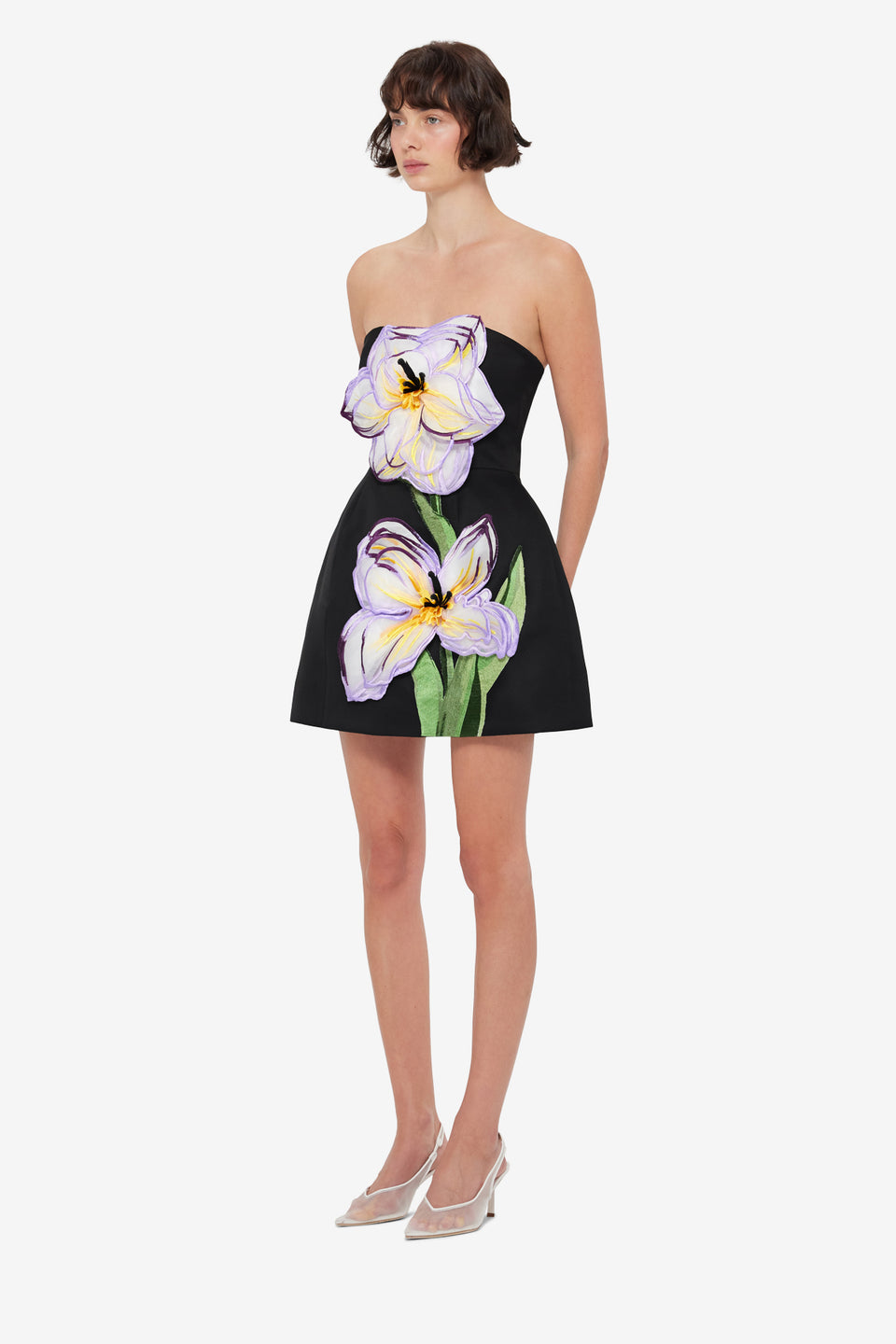 Rosario Appliqué Floral Bustier Mini Dress - Iris Print in Ebony