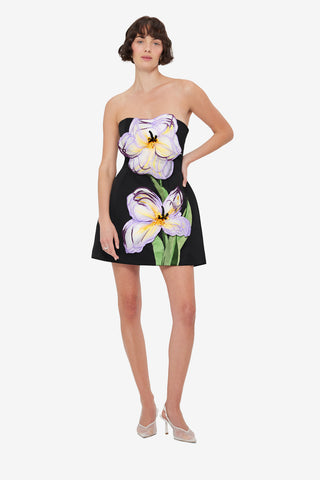 Rosario Appliqué Floral Bustier Mini Dress - Iris Print in Ebony