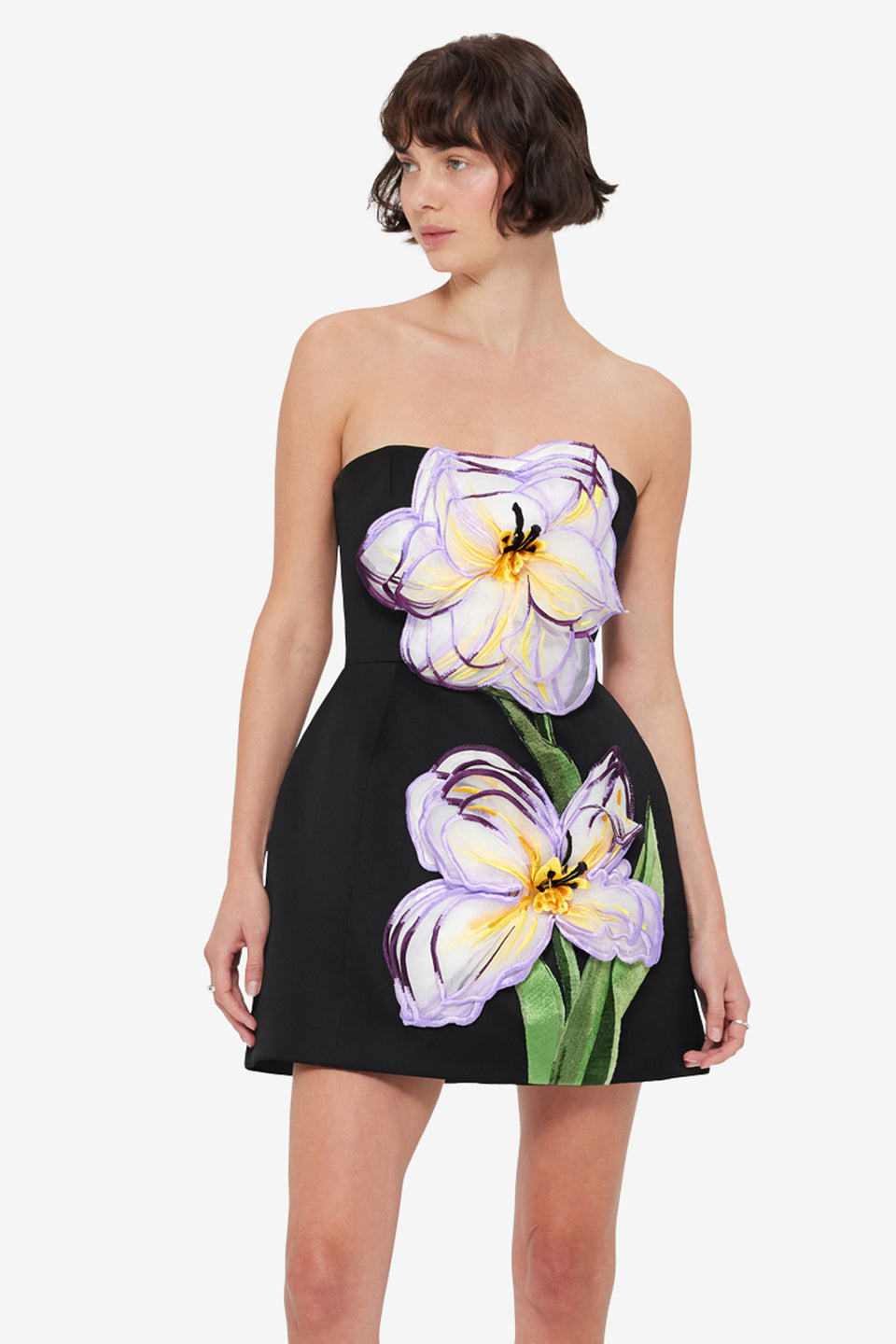 Rosario Appliqué Floral Bustier Mini Dress - Iris Print in Ebony