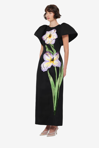 Exclusive LEO LIN Lucinda Appliqué Floral Maxi Dress - Iris Print in Ebony