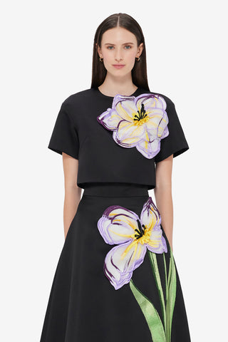 Exclusive LEO LIN Indie Appliqué Sleeve Top - Iris Print in Ebony