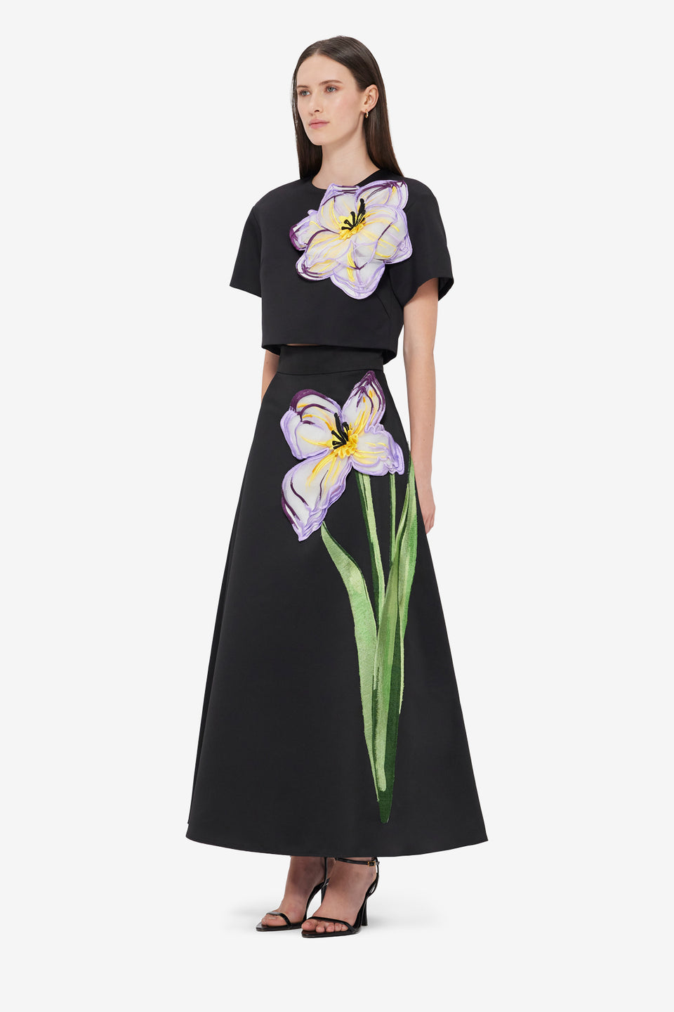 Exclusive LEO LIN Indie Appliqué Sleeve Top - Iris Print in Ebony