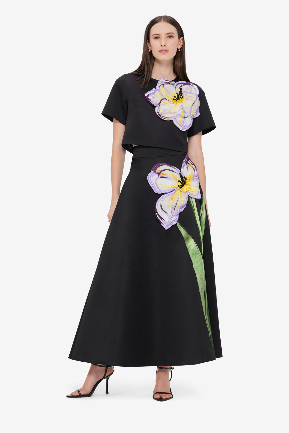 Exclusive LEO LIN Indie Appliqué Sleeve Top - Iris Print in Ebony