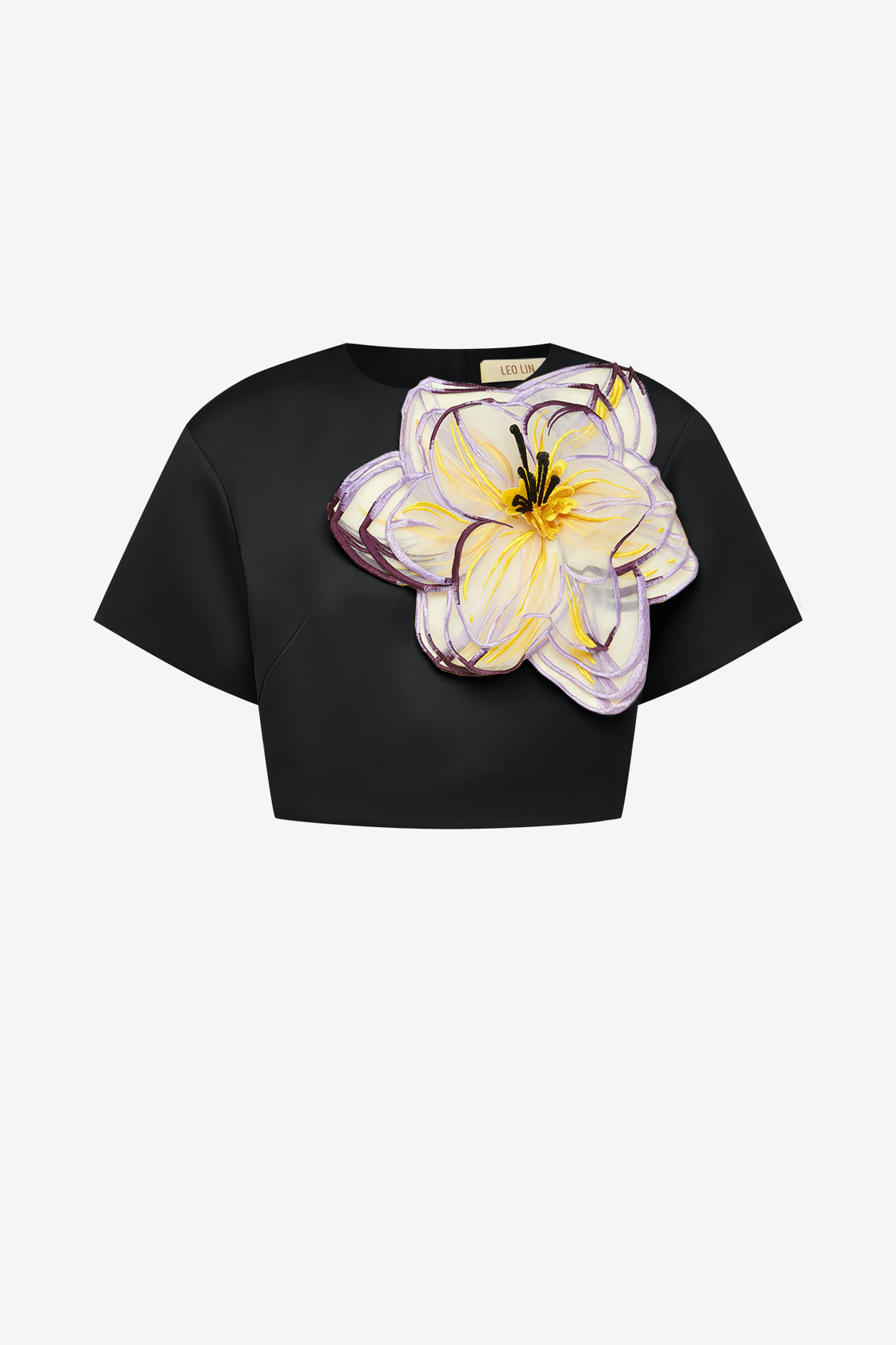 Exclusive LEO LIN Indie Appliqué Sleeve Top - Iris Print in Ebony