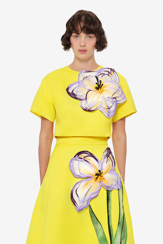 Exclusive LEO LIN Indie Appliqué Sleeve Top - Iris Print in Yellow