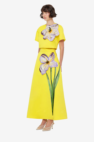 Exclusive LEO LIN Indie Appliqué Sleeve Top - Iris Print in Yellow