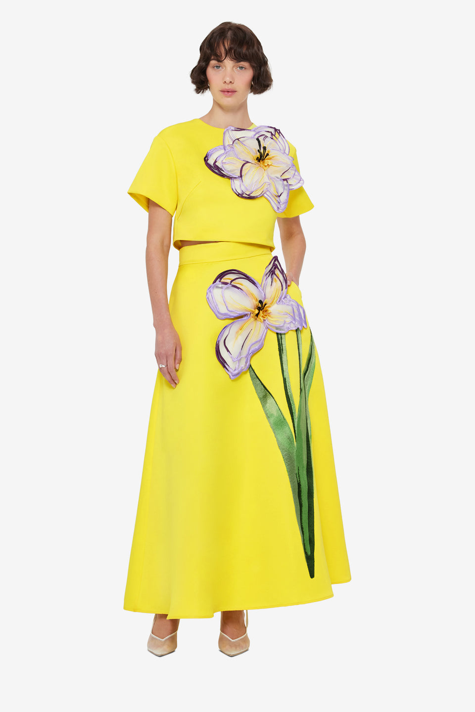 Exclusive LEO LIN Indie Appliqué Sleeve Top - Iris Print in Yellow