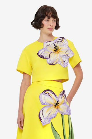 Exclusive LEO LIN Indie Appliqué Sleeve Top - Iris Print in Yellow