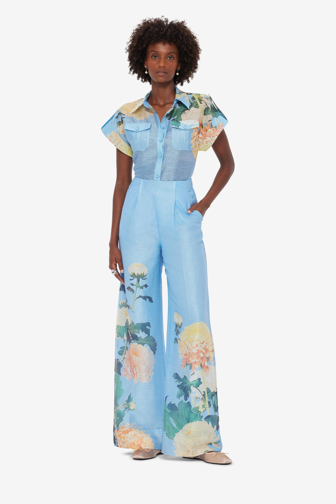 Exclusive LEO LIN Luisa Pants - Hydrangea Print in Cornflower Blue