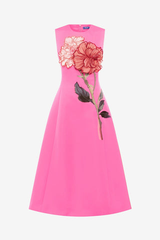Cleo Appliqué Sleeveless Midi Dress - Peony Print in Fuchsia Dress Midi