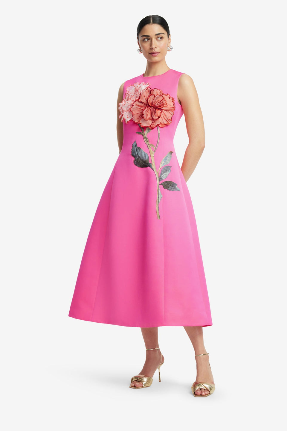 Exclusive LEO LIN Cleo Appliqué Sleeveless Midi Dress - Peony Print in Fuchsia