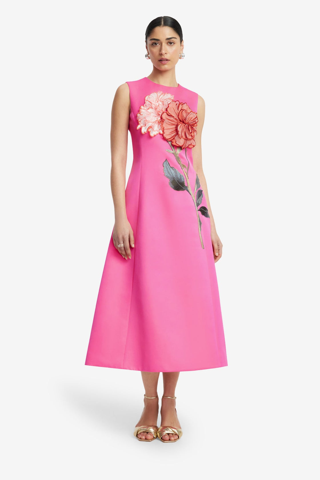 Cleo Appliqué Sleeveless Midi Dress - Peony Print in Fuchsia Dress Midi