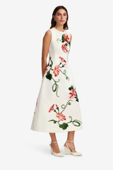 Cleo Appliqué Sleeveless Midi Dress - Vine Print in Snow Dress Midi