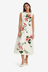 Cleo Appliqué Sleeveless Midi Dress - Vine Print in Snow Dress Midi
