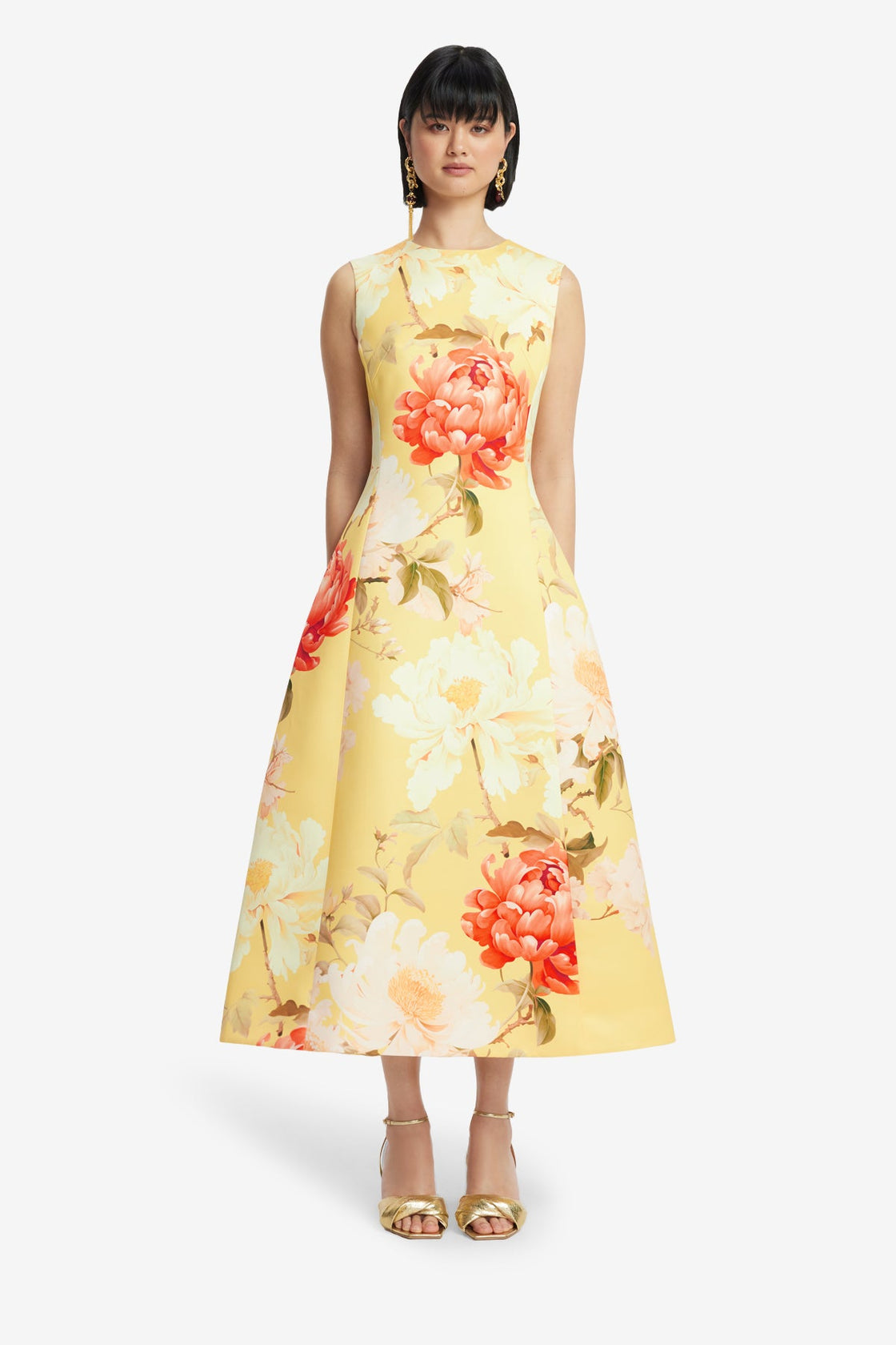 Cleo Sleeveless Midi Dress - Peony Print in Yellow Cleo Sleeveless Midi Dress - Peony Print in Yellow
