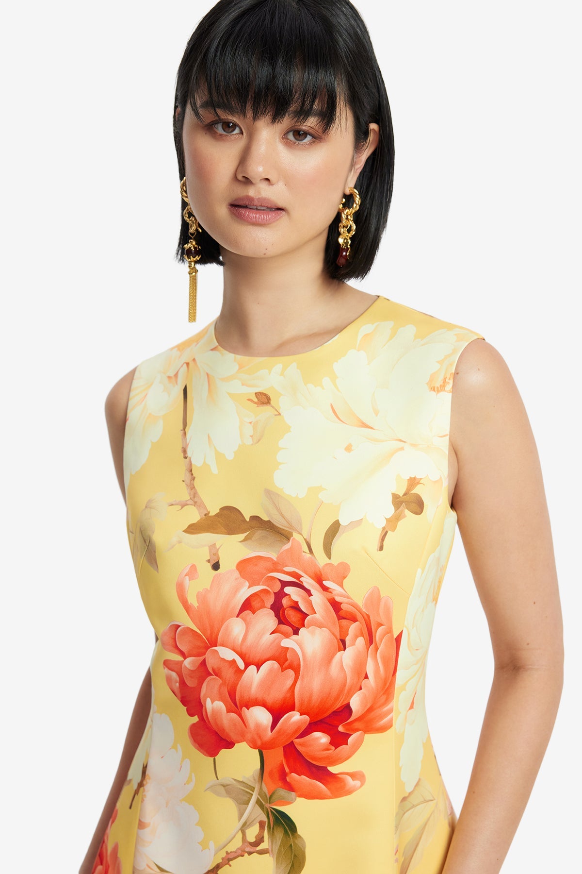 Cleo Sleeveless Midi Dress - Peony Print in Yellow – LEO LIN
