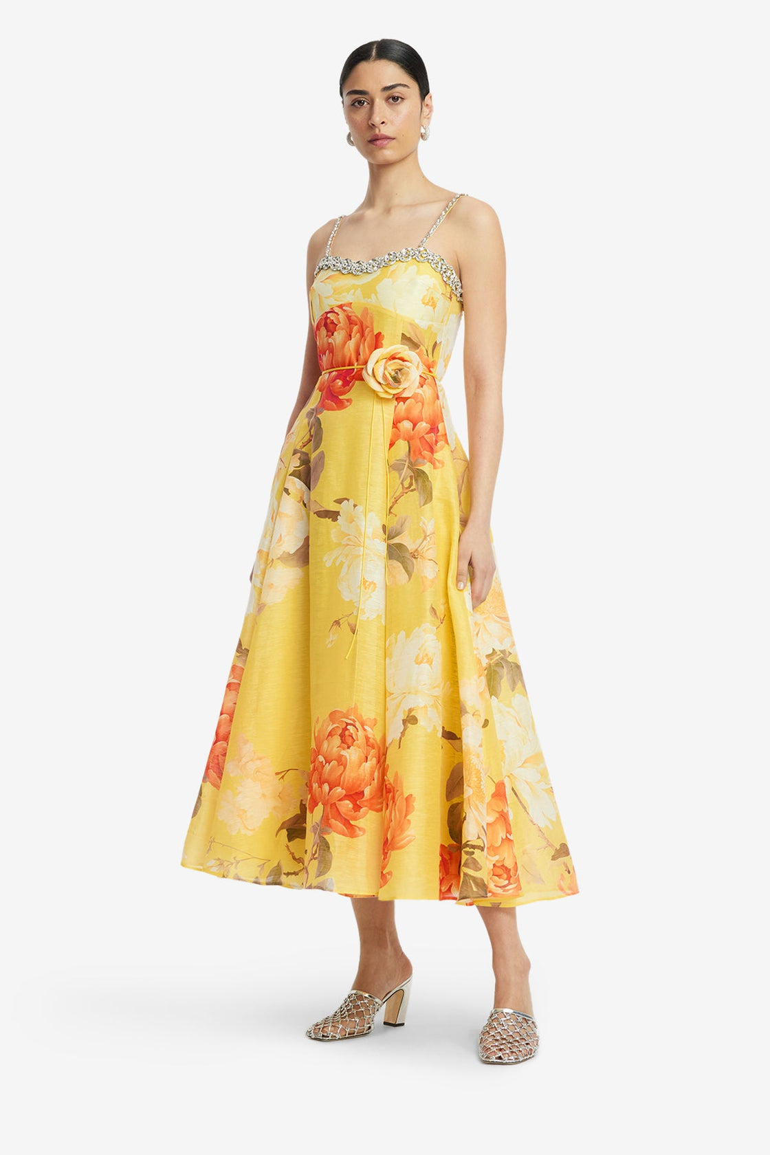 Mariela Embellished Midi Dress - Peony Print in Yellow Mariela Embellished Midi Dress - Peony Print in Yellow