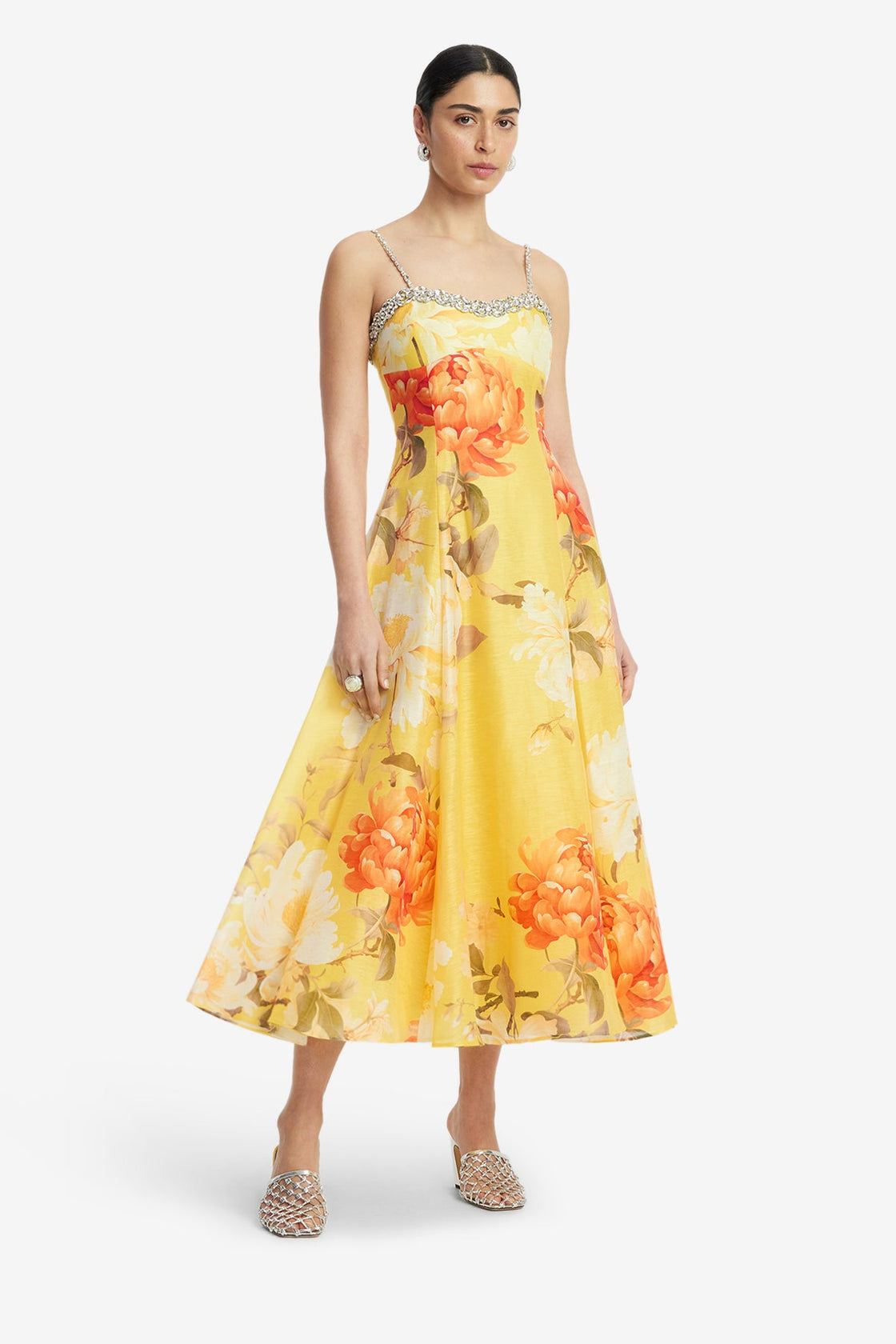 Mariela Embellished Midi Dress - Peony Print in Yellow Dress Midi